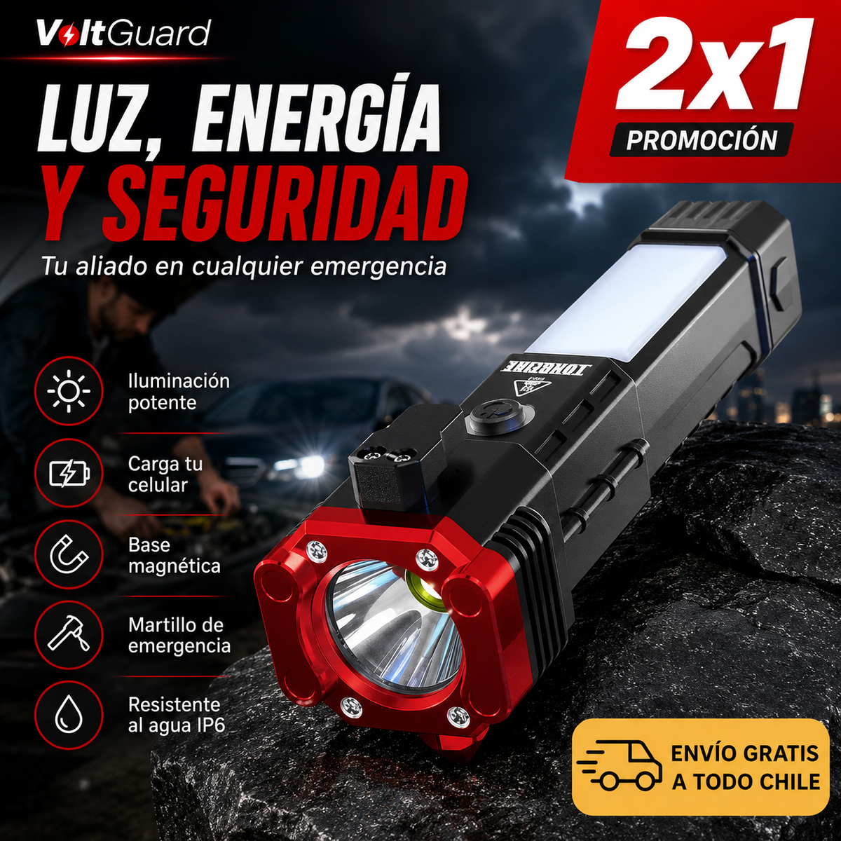 VoltGuard - Martillo Linterna Táctica